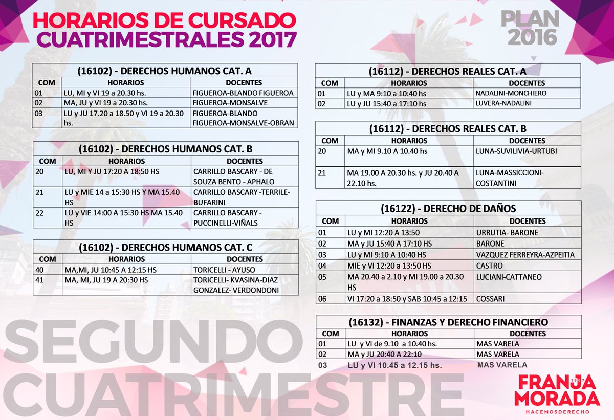 FranjaMoradaUNR's tweet photo. #Cuatrimestrales #Plan2016 #Horarios
Garantizamos comisiones para el cursado de Obligaciones, HDD, Eco Política y Taller en el 2do cuatri https://t.co/2aJbctVCCl