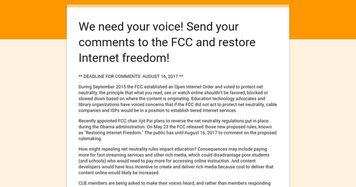 CUERockStar's tweet photo. Freedoms enjoyed by schools are under attack. Click the link to tell the FCC why we need net neutrality. #edtech
https://t.co/gc9fuCLmXa https://t.co/UR96Y7IrKq