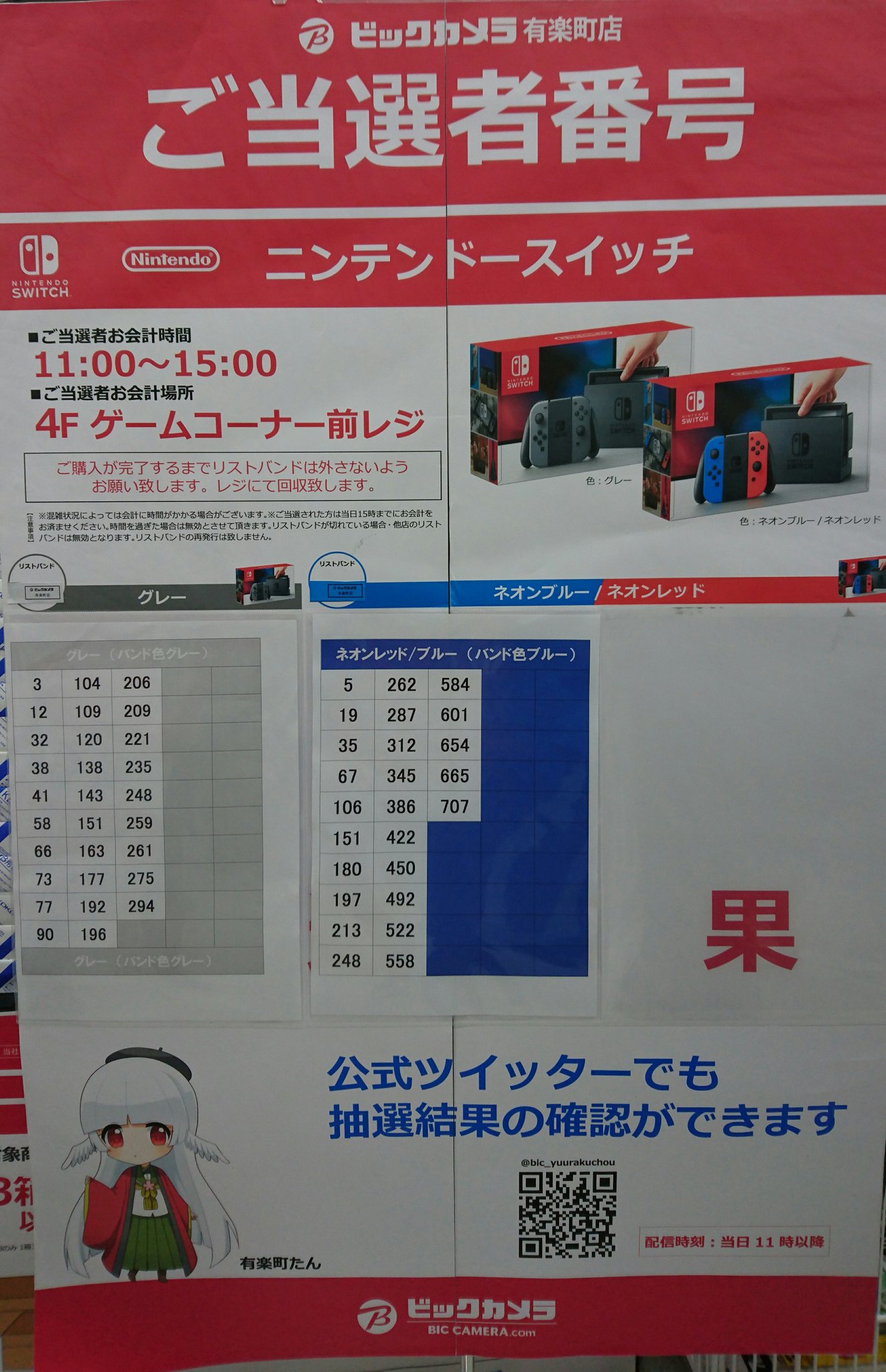 ビックカメラ有楽町店 7月1日ニンテンドースイッチ抽選結果発表 ご当選された方はバンドの色 抽選番号を確認の上 リストバンドは切らずに4fゲームコーナーレジまでお越し下さい お渡し期限は15時までです ご当選おめでとうございます 抽選結果 ビックカメラ有楽町店 7月1日ニンテンドースイッチ抽選結果発表 ご当選された方はバンドの色 抽選番号を確認の上 リストバンドは切らずに4fゲームコーナーレジまでお越し下さい お渡し期限は15時までです ご当選おめでとうございます 抽選結果