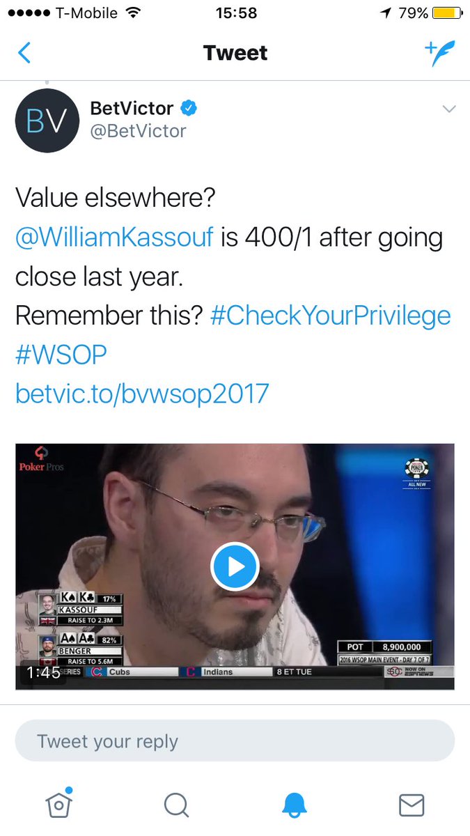 WilliamKassouf's tweet photo. Breaking News
I'm 400/1 on Bet Victor to win WSOP Main! I'm 250/1 on Bet 365! Get involved before it's too late! Weee! Lol ๐ค๐๐๐ช๐ฐ๐๐
#WSOP2017 https://t.co/ozxDCBc9fo