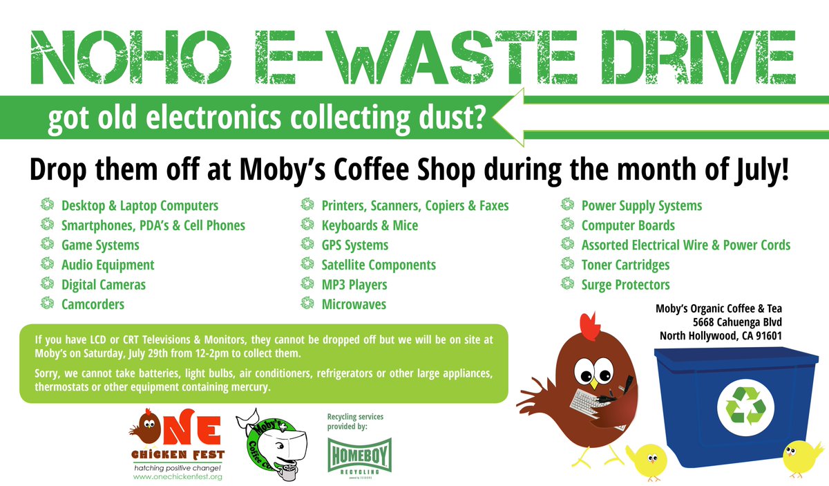 OneChickenFest's tweet photo. Bring your old electronics to @Mobyscoffeeshop during the month of July and we'll take care of the rest! #onechicken #recycle #ewaste https://t.co/BKIGgALhWq