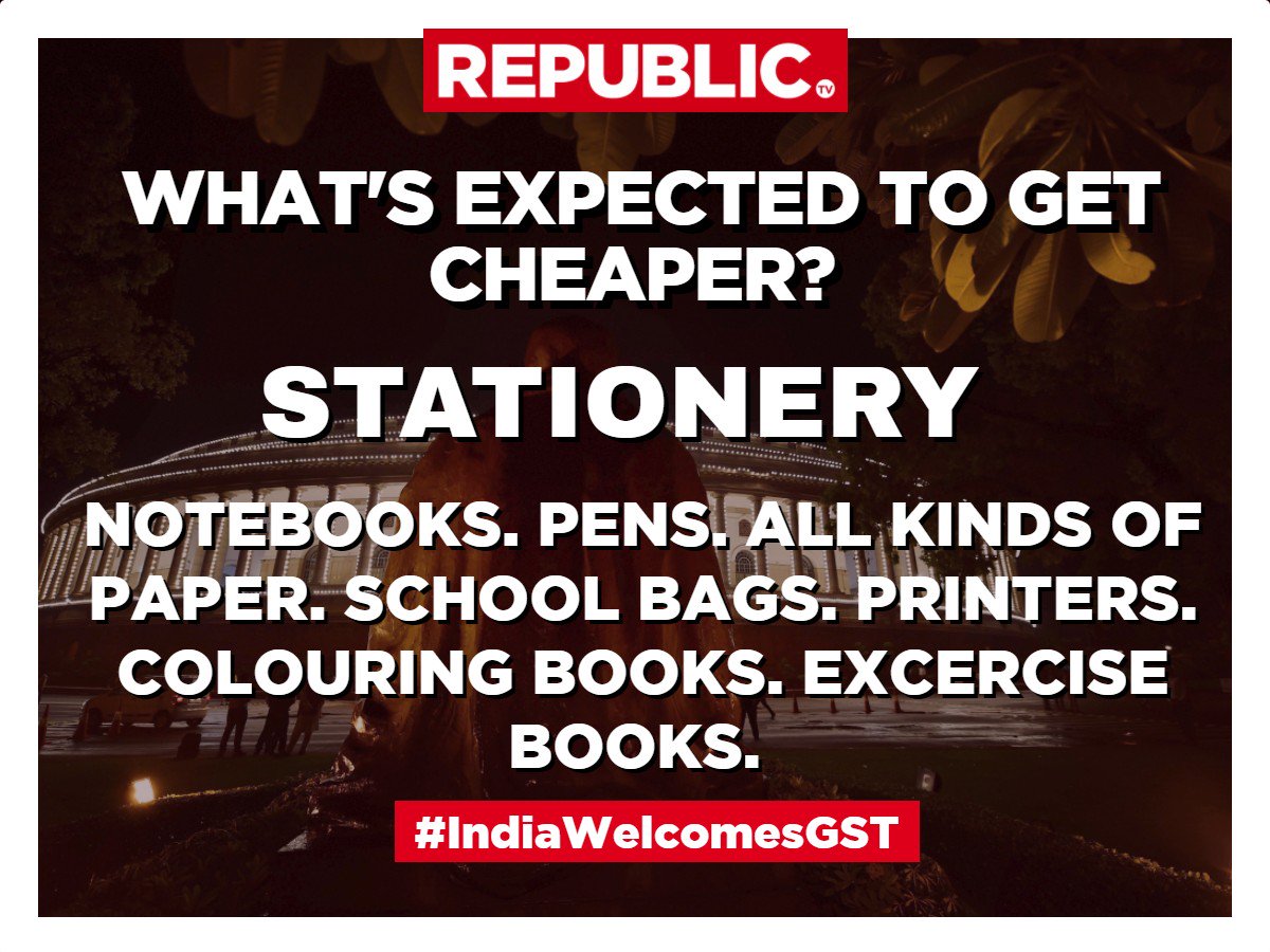 republic's tweet photo. One India, one tax a reality now. What's getting cheaper post #MidnightGSTLaunch? https://t.co/ZTL6I0QR4K