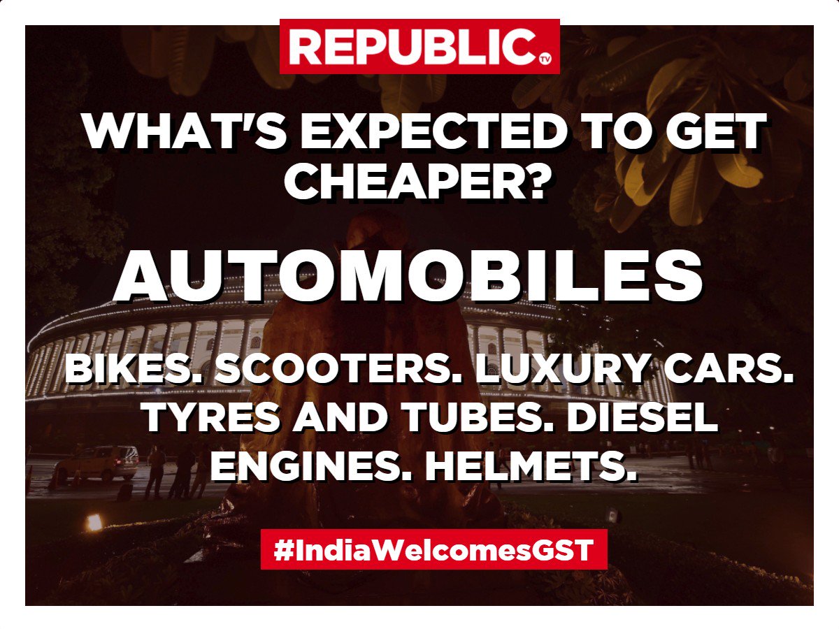 republic's tweet photo. One India, one tax a reality now. What's getting cheaper post #MidnightGSTLaunch? https://t.co/ZTL6I0QR4K