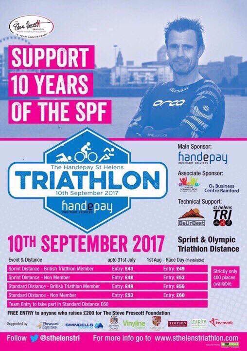 Would u like a FREE ENTRY to this year's <a href="/Handepay/">Handepay</a> Tri &amp; support 10yrs <a href="/SPFCHARITY/">SPF Charity</a>? Email info@steveprescottfoundation.co.uk #StHelens