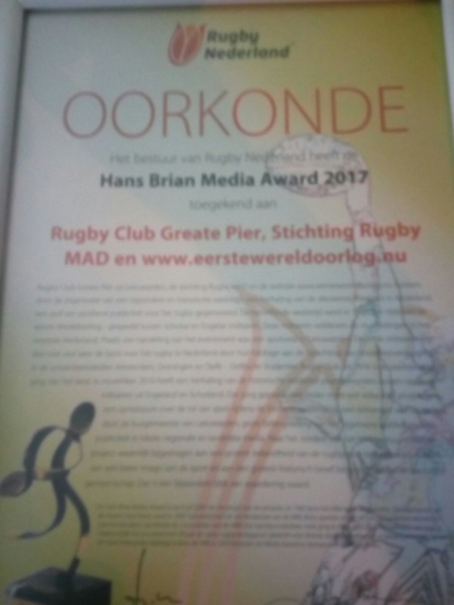 RCGreatePier's tweet photo. Tijdens de ALV van de NRB heeft @RCGreatePier met Stichting MAD Rugby en www.eerstewereldoorlog.nude #HansBrianMediaAward gewonnen. https://t.co/aKp7r57YoA
