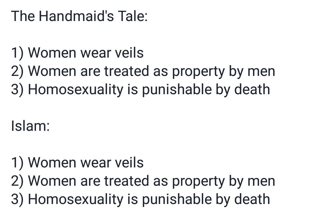 unKOURCKED's tweet photo. The Handmaid's Tale has far more in common with Islam than Christianity. https://t.co/1gL9xCBJKc