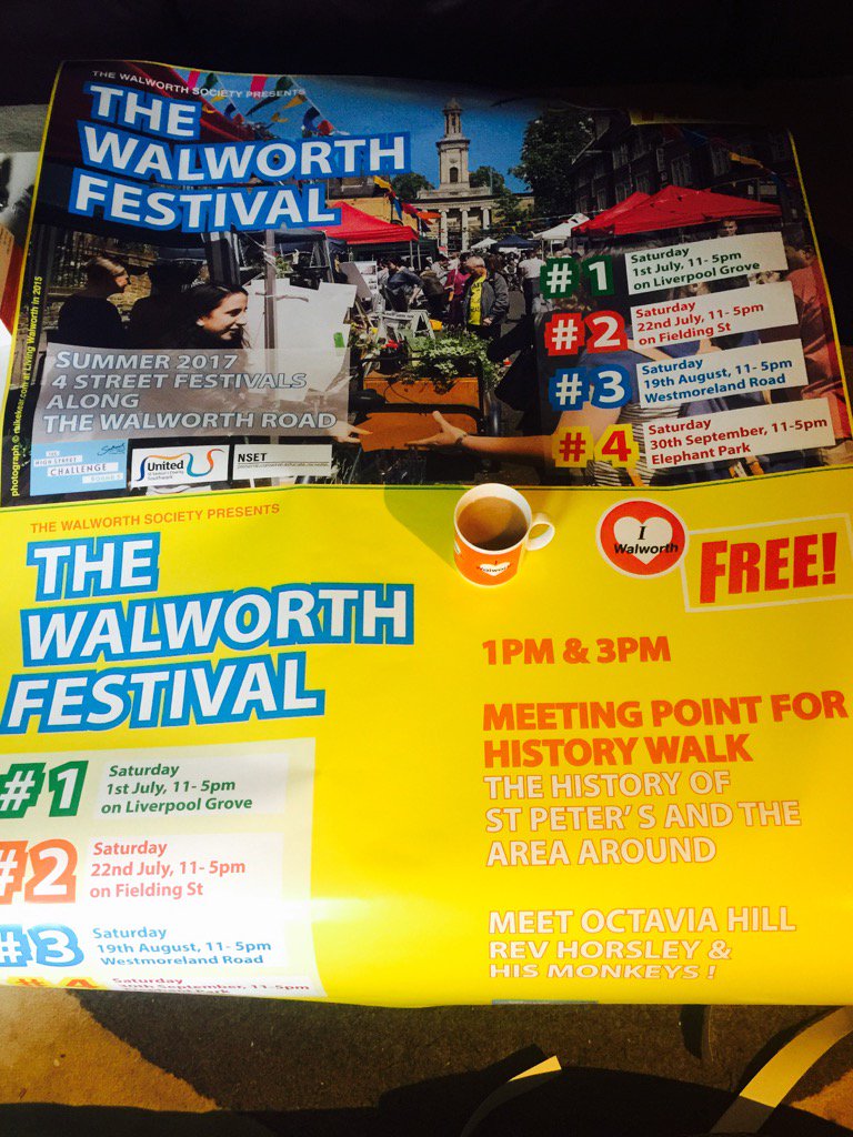 Morning tea n cutting out huge posters for #walworthfestival history walk with actors <a href="/1/">1</a>&amp;3pmtoday <a href="/StPeterWalworth/">Father Andrew</a>