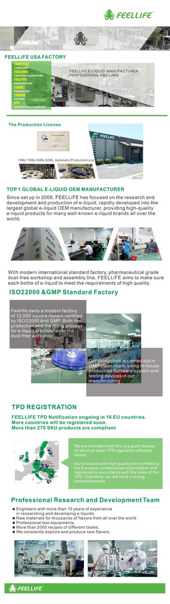 RFQ are welcome 
FEELLife--TOP1 E liquid manufacture in China and USA
BSCI &amp; cGMP Standards Workshop in USA and China
USA Flavorist and USP