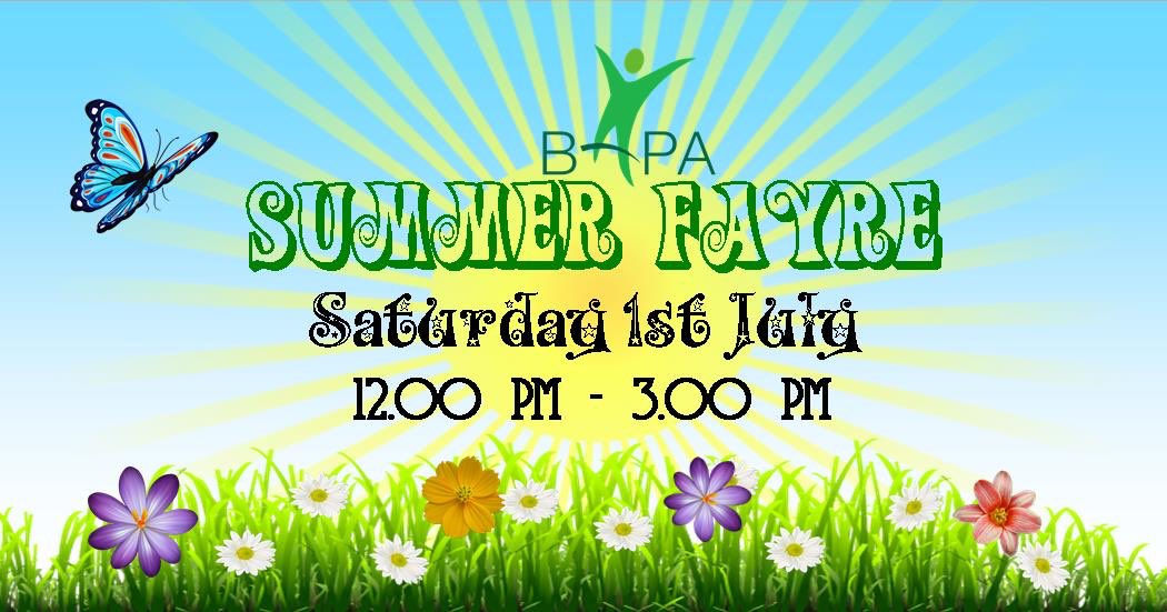 Don't forget it's the BAPA Summer Fayre TODAY from 12-3pm. 🎈🍺🍰🍦🍕🍟☀️🌞🎼🎸🎟🥁