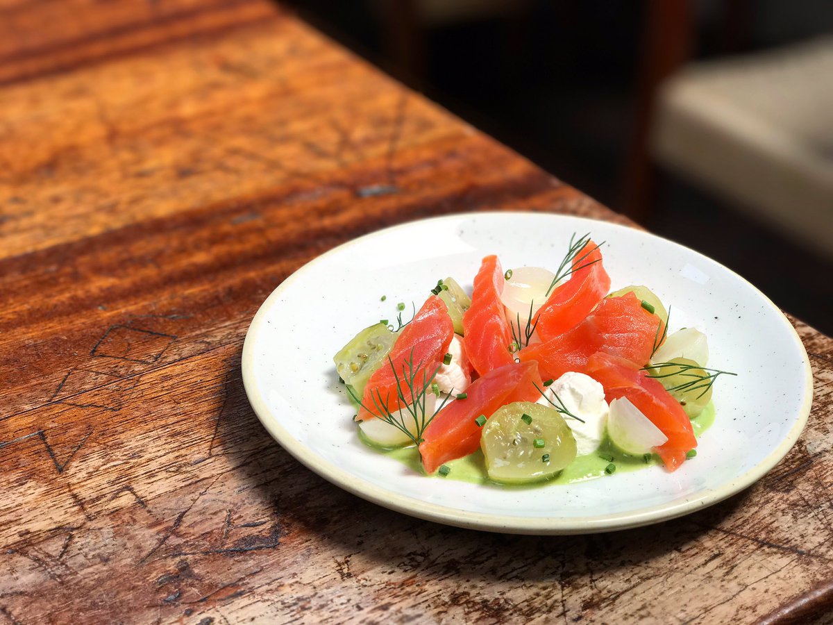 Cured sea trout with sour cream, herb vinegar, pickled gooseberries &amp; baby onions. Part of our smorgasbrunch today! #brunch