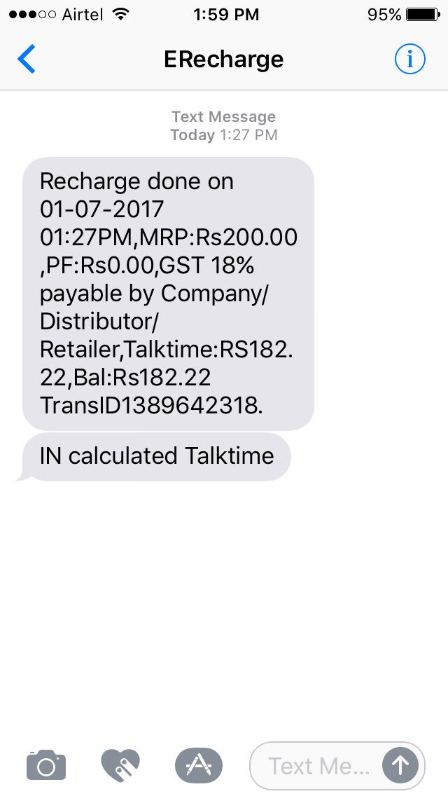 Prateek1295's tweet photo. @Airtel_Presence Myairtelapp shows talktime benefit of 220 on recharge of 200 and i got 182 only,reason given-gst,earlier bal also gone https://t.co/4NGWPaz5Xn