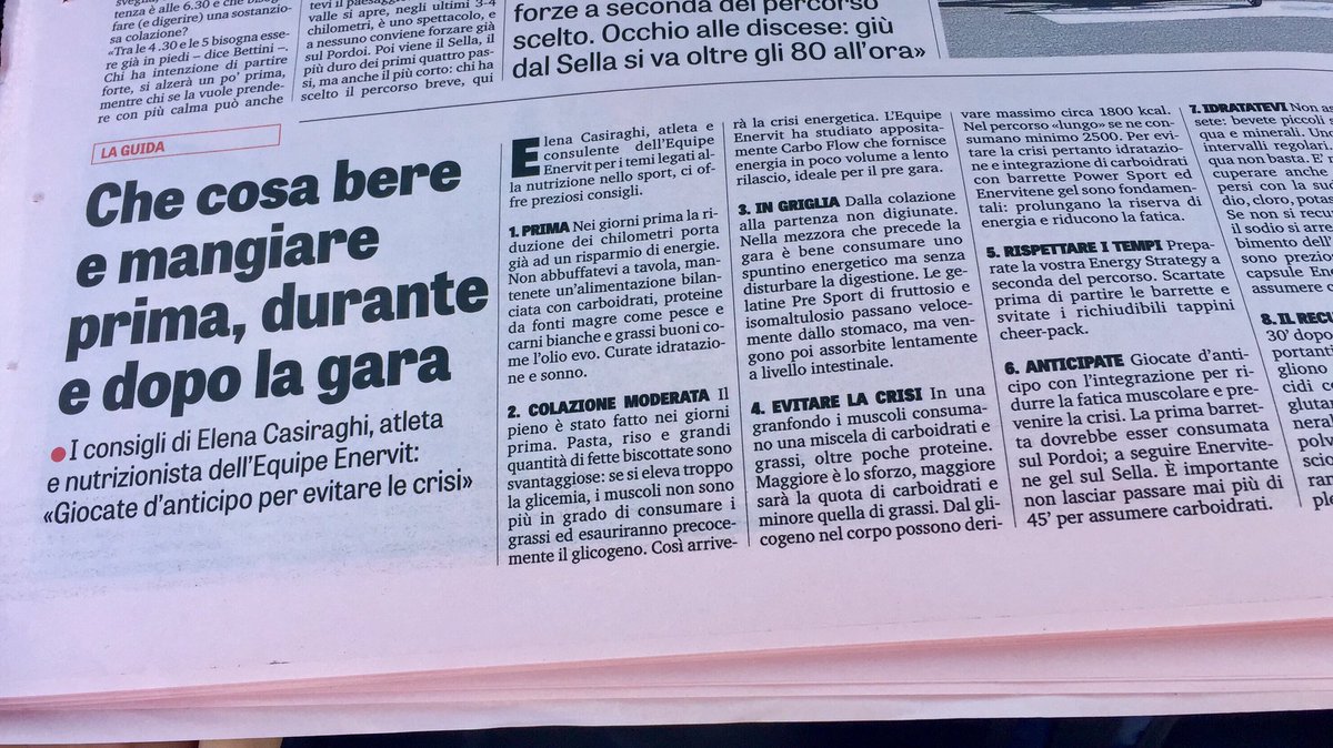 CasiraghiElena's tweet photo. Tempo di @mdolomites . Ecco la #energy #strategy su @Gazzetta_it con @EnervitSport #EquipeEnervit #scienceinnutrition #sporteat #recovery https://t.co/hcPvP4jX7o
