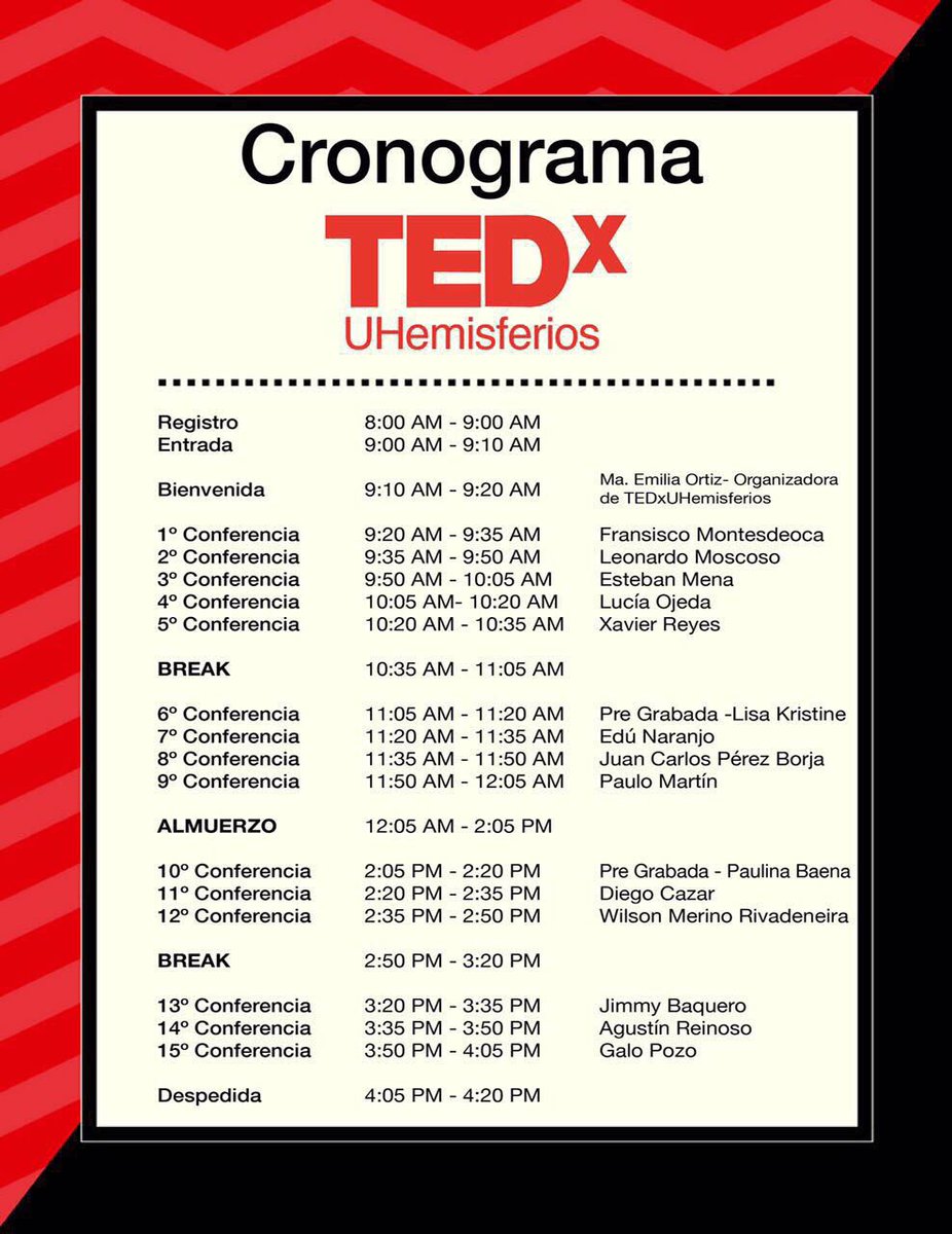TEDxHemisferios's tweet photo. Te presentamos el cronograma de #TEDxUHemisferios #BrainRevolution https://t.co/ZAQJpa9ppS