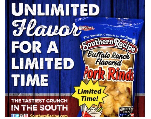 Just learned <a href="/SouthernRecipe/">Southern Recipe Pork Rinds</a> has a new bueno flavor I'm super excited to try-"Buffalo Ranch" is avail in select stores now! <a href="/DFWSportManiacs/">TX Sport Maniacs</a>