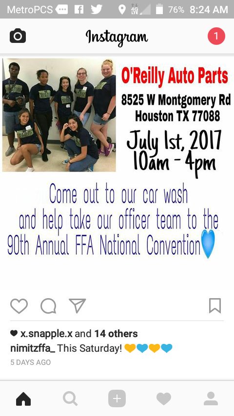 Rena4526's tweet photo. Car Wash today from 10-4 at O'Reilly Auto Parts. Come out and support the children &amp; help get them to FFA National Convention. https://t.co/PAw8wDNSdT