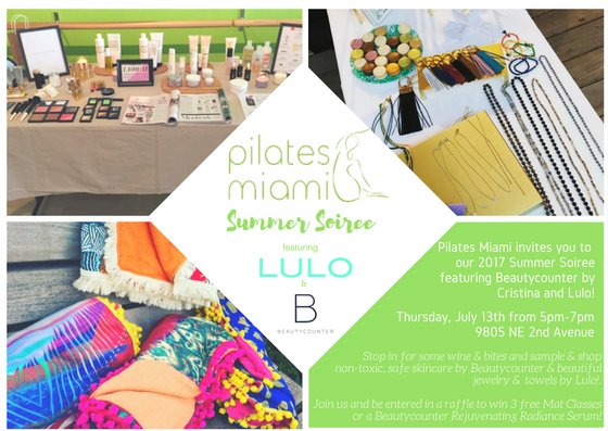Join us Thursday, July 13th, from 5-7pm for our Summer Soiree featuring @shoplulo and @cleanbeautycristy 🔆🍾🍡📿💄. #pilatesmia #summersoiree