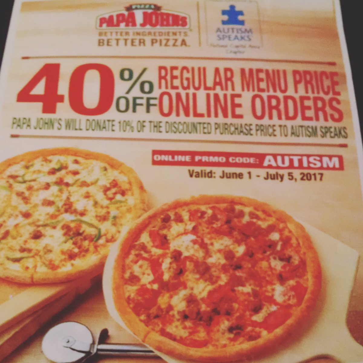 Last weekend to help raise Monday for #autismspeaks and score discounted #papajohns!