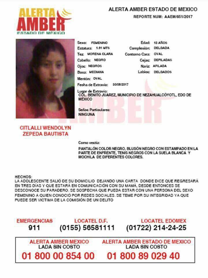 ElInformanteMX's tweet image. Desaparece otra menor en #EdoMex, tal vez gracias a ti podamos localizarla. COMPARTE. Citlalli W. Zepeda Bautista de 13 años #AlertaAmber
