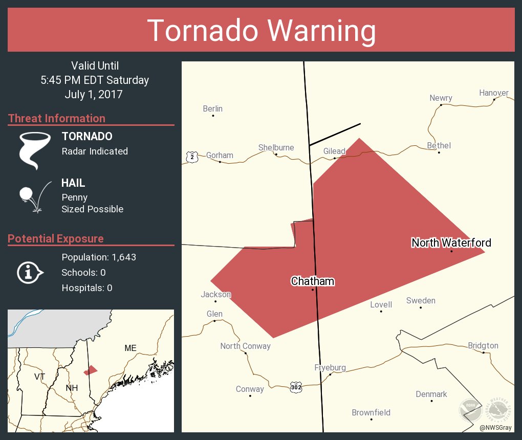 NWSGray's tweet image. Tornado Warning including North Waterford ME, Stow ME, Chatham NH until 5:45 PM EDT