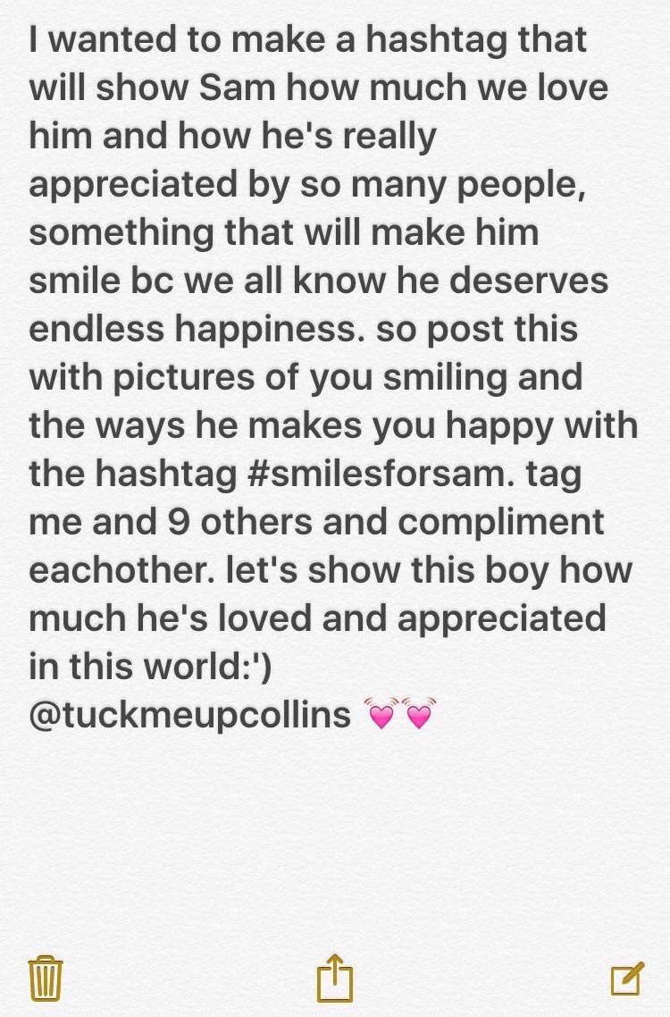 ripinpeacesam's tweet photo. #smilesforsam Sam has been there for me when no one else wasn't and he's made it possible for me to become more confident with being myself💗 https://t.co/r4ucgzNIYb