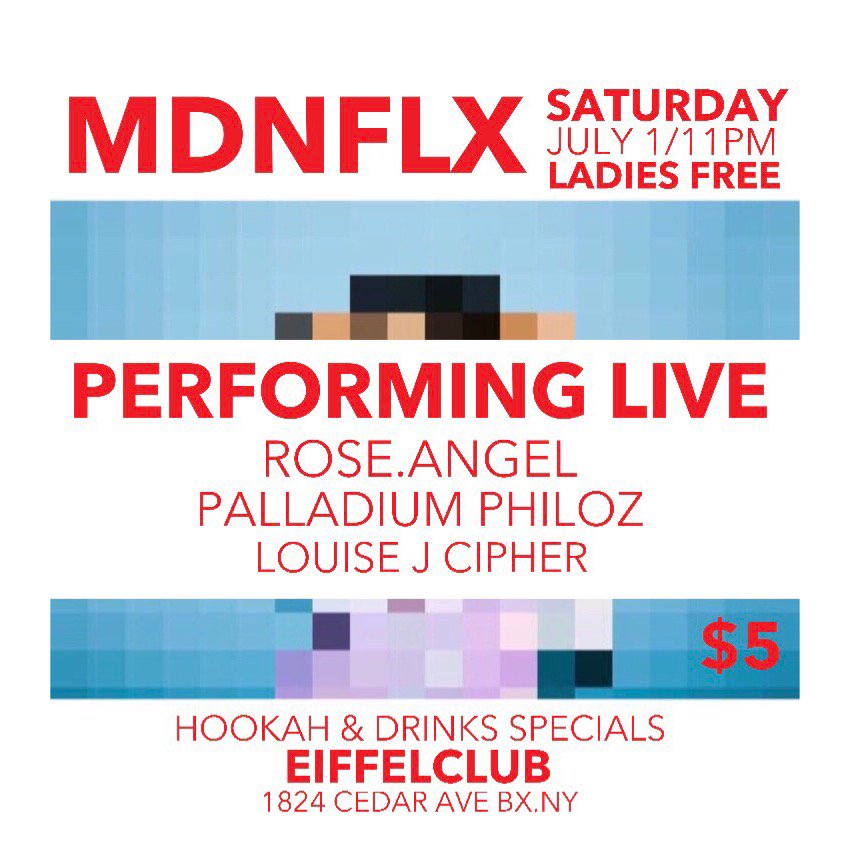 ParisTaurean's tweet photo. All roads lead to #MDNFLX tonite
Ladies free live performances from @roseangelworld @LouiseJCipher + legendary Cipher own Palladium Philoz https://t.co/f5JmWX9F39