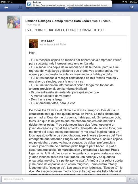 AugustoDC's tweet photo. @saldelsol Dile eso a tu amigo el racista caleta Rafo León q tiene arcadas cada vez q trata con "jovenes emergentes"  y lo postea en su FB todavía https://t.co/CsYdiJGFgH