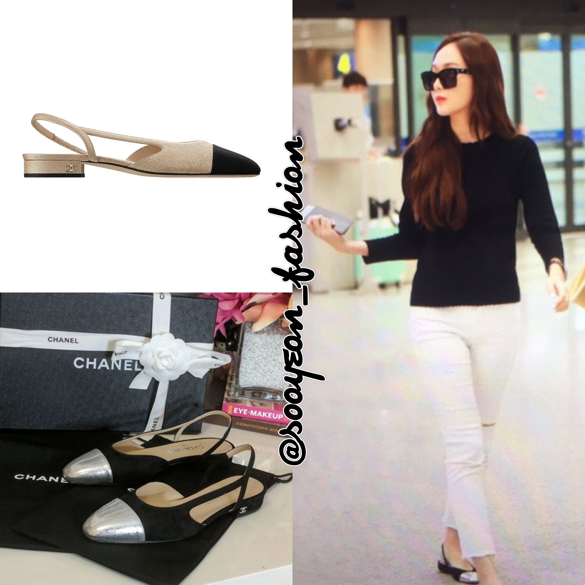 jsy fashion on X: 170702 Jessica Jung @ Incheon Airport CHANEL: Two Tone  Slingback Flats (Black/Silver), $750    / X