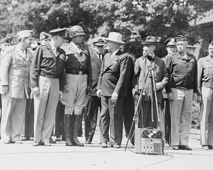 WarHistoryOL's tweet photo. Harry Vaughan, Dwight Eisenhower, George Patton, Harry Truman, Henry Stimson, Omar Bradley, and others, Berlin, Germany, 20 July 1945. https://t.co/oHNll0lCod
