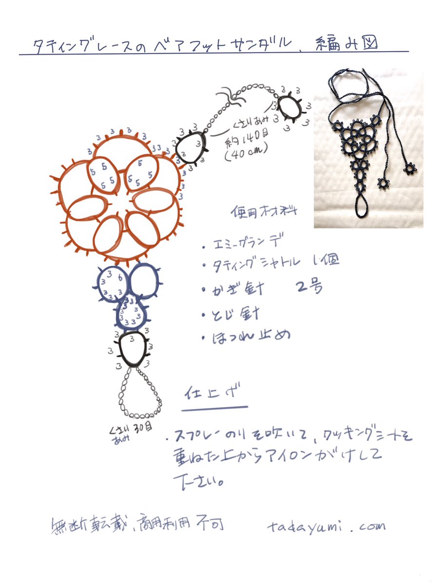 朝考えた簡単なタティングレースのベアフットサンダルのレシピです。慣れた方ならペアで2時間くらいで作れます。商用でなければご自由にお使いください。 