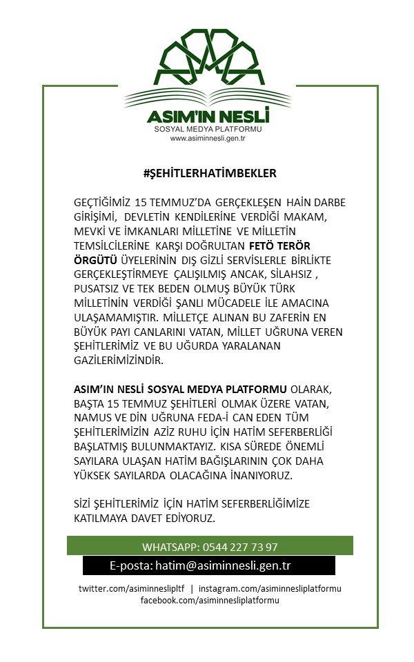#15Temmuz şehitleri için düzenlediğimiz "Hatim" seferberliğine desteklerinizi bekliyoruz.

#ŞehitlerHatimBekler
