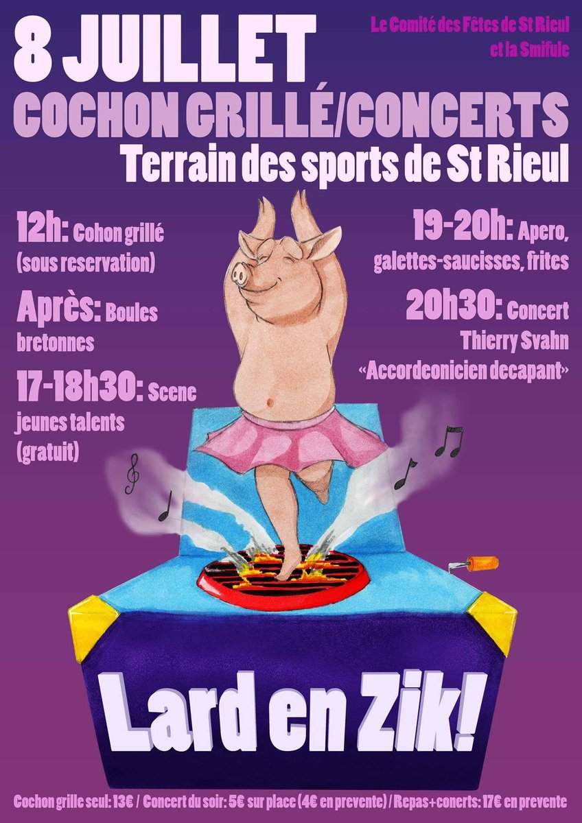 LaSmifule's tweet photo. "Lard en Zik" c'est Samedi 8 juillet à St Rieul (22) ! Cochon grillé (sur résa), scène découverte l'aprem et concert SVAHN @thierrysvahn !! https://t.co/mVGzrUjdTp