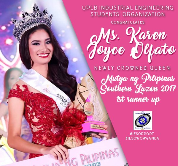 uplbieso2001's tweet photo. Congratulations to our sis @KarenOlfato, newly crowned queen Mutya ng Pilipinas Southern Luzon 2017 1st runner up!! #IESOpport #IESOWowGanda https://t.co/mIU1CygE8Z