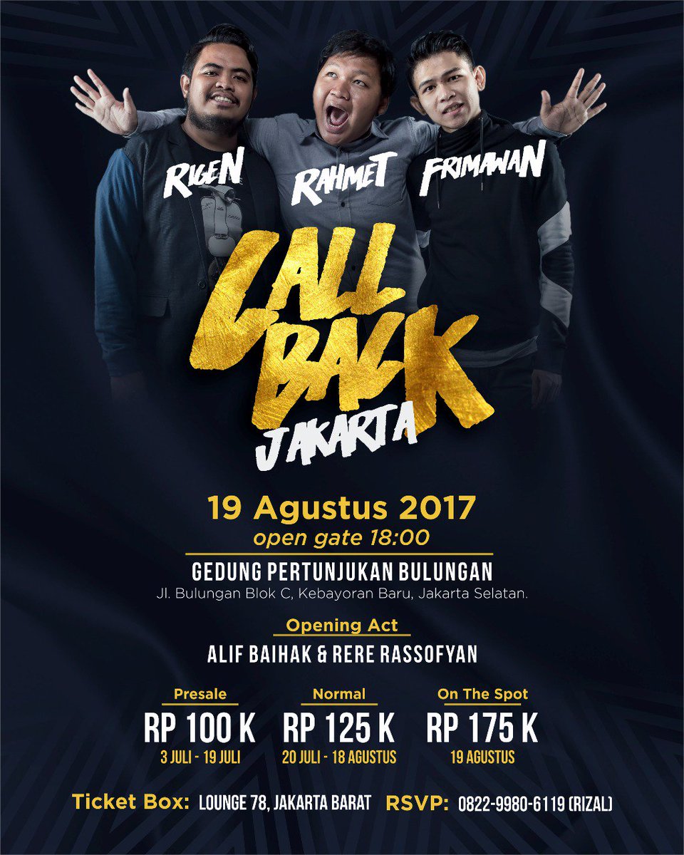 StandUpKabTang's tweet photo. Final tour #CallBackJKT
Juara 1,2 dan 3 #SUCI5
Takissssss tiketnya!
😎🤘 https://t.co/lhTvsqKqFY
