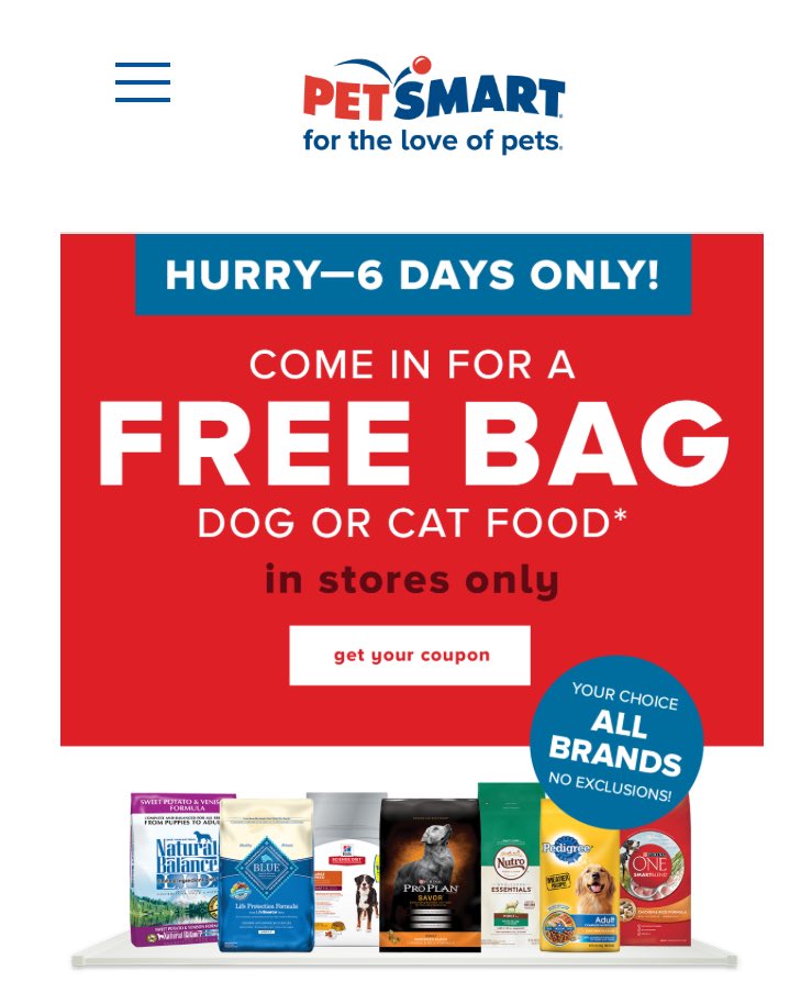 FreeInBigD's tweet image. #free bag of dog or cat food at @PetSmart. If you are on their email list, check your inbox for the coupon!