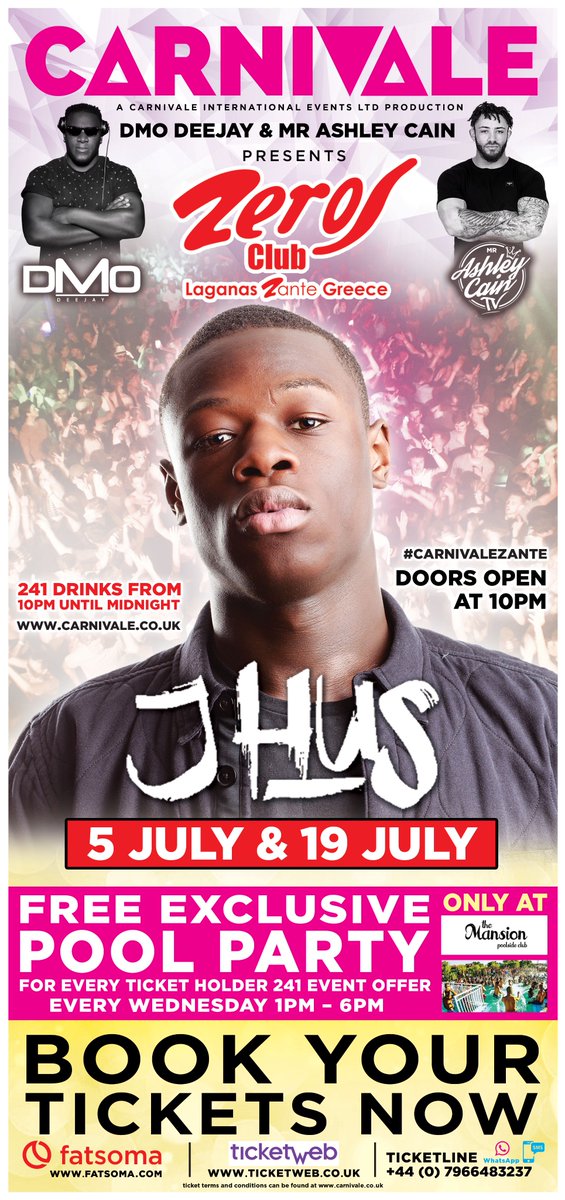 JHus this wednesday for his first ever performance in Zante!!! carnivale.co.uk @ZerosClub @Jhus @DMODeejay @MrAshleyCain