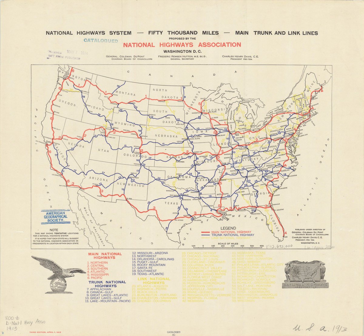 phillkark's tweet photo. From the archives of @AmericanGeo, map of original plan for #UShighwaysystem in 1913. https://t.co/V8e4A2ae9M