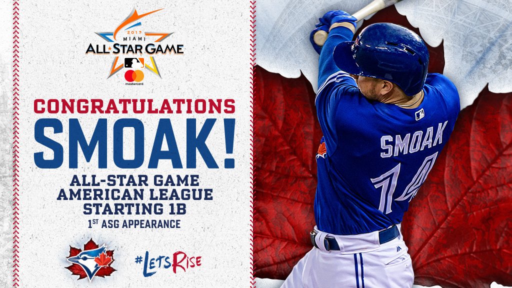 BlueJays's tweet photo. 🚨This Just-In! 🚨

Justin Smoak has been named the starting All-Star 1B for the American League!

Congratulations Justin &amp; thank you fans! 👏 https://t.co/6eCloF126A