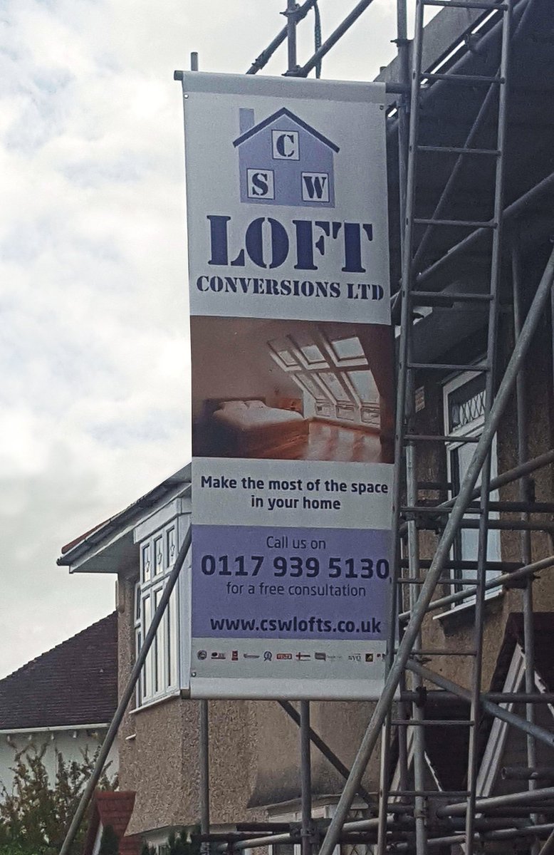 BannerlandUK's tweet photo. One of our 1m x 2m double sided banners, looking good on a loft conversion job in Bristol. Buy them online at https://t.co/7Qv6HeOkXr https://t.co/wsmA2l7T9I