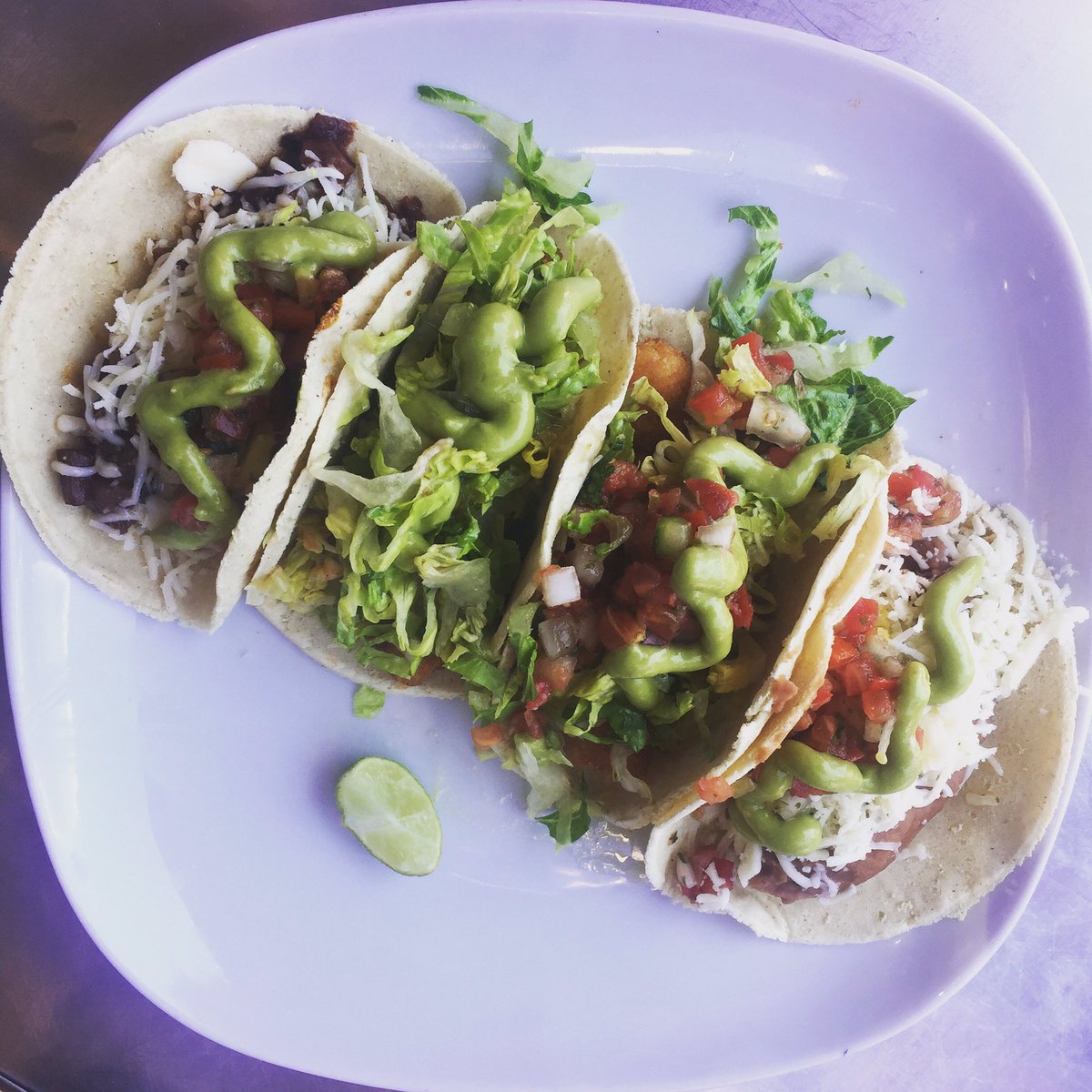Veggie Mole, Beans &amp; Cheese, Baja style shrimp and Baja style fish tacos at <a href="/LaTaquisa/">La Taquisa</a> #eatdrinkvictoria #yyj #yyjfood