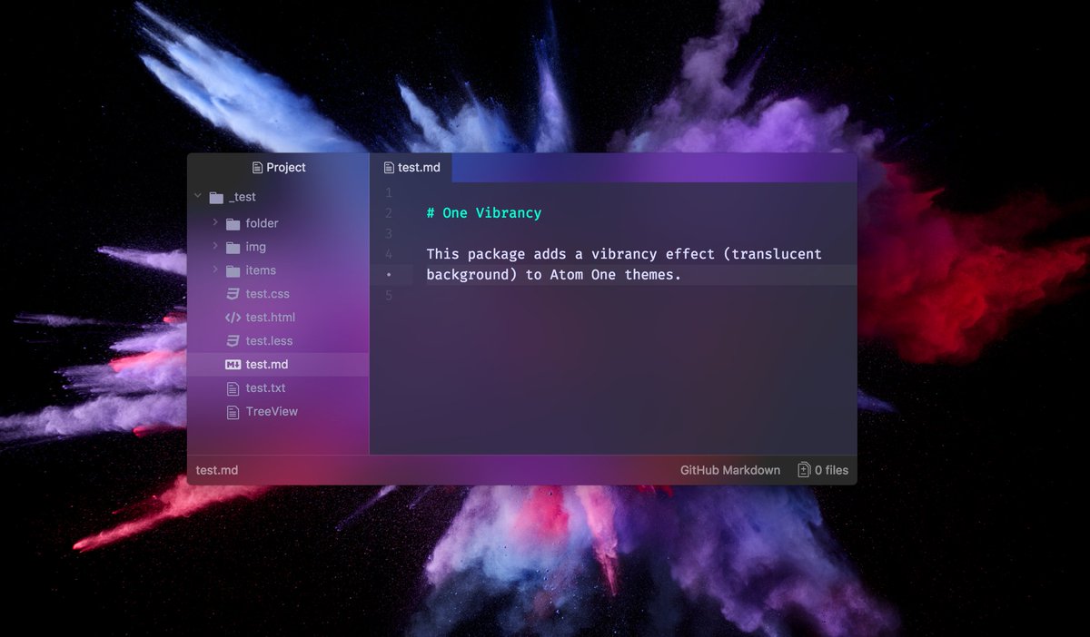 simurai's tweet image. If you’re into macOS vibrancy effects, there is now a package for the Atom One themes: github.com/simurai/one-vi…