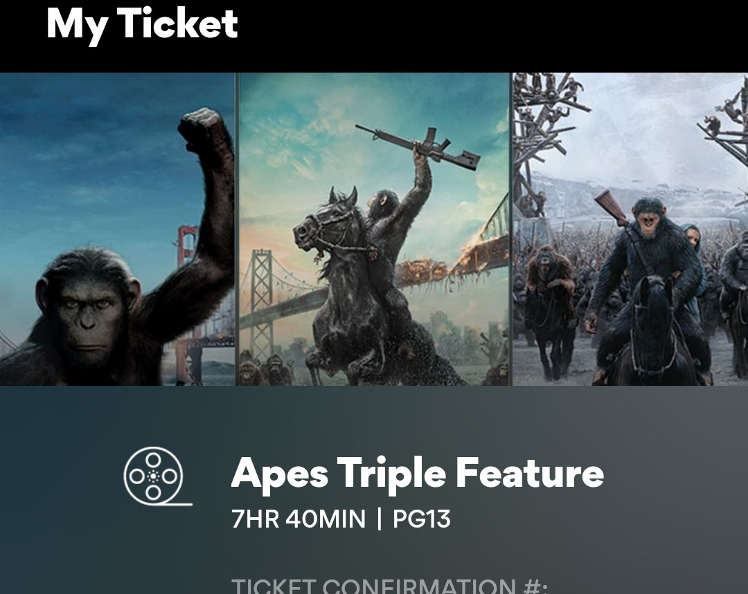 bampac29's tweet photo. Hell to the yeah!!! Got my tixs for the @ApesMovies triple feature marathon! Damn right! Perfect franchise perfect movies #ApeCrazy πππ https://t.co/56w71k89al