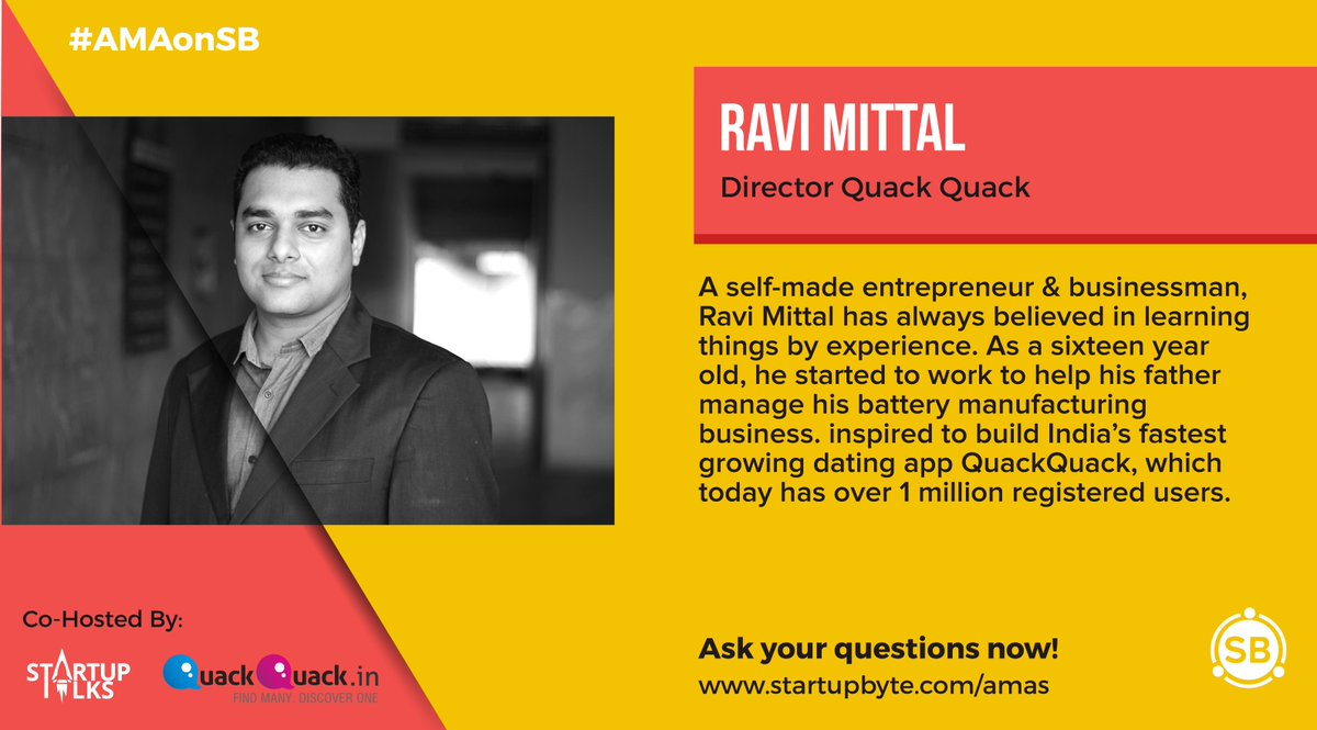 startup_byte's tweet photo. #AMAonSB
Ravi Mittal tried display & banner ads on google before building @quackquackin to see user interest.Ask https://t.co/He0wy4k6Cn https://t.co/EGIjWUJSPg