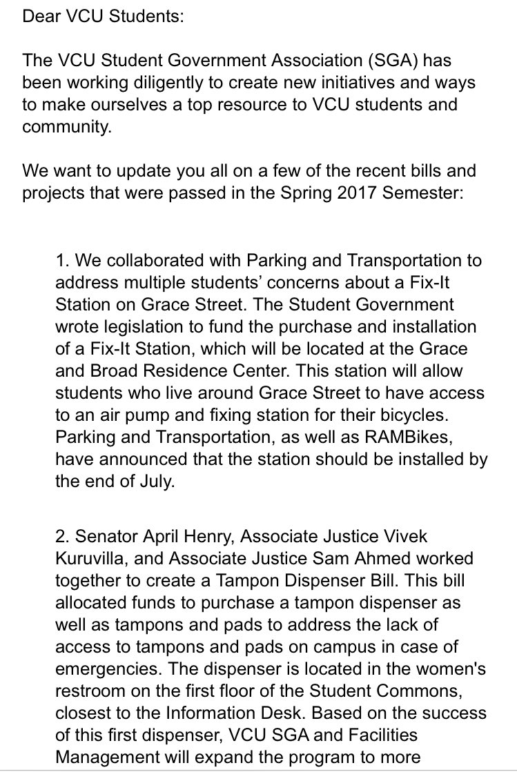 VCUSGA's tweet photo. Happy Monday Rams! Check your emails to read about what Student Government has been up to this Summer! ๐ https://t.co/RHRL4TM03l