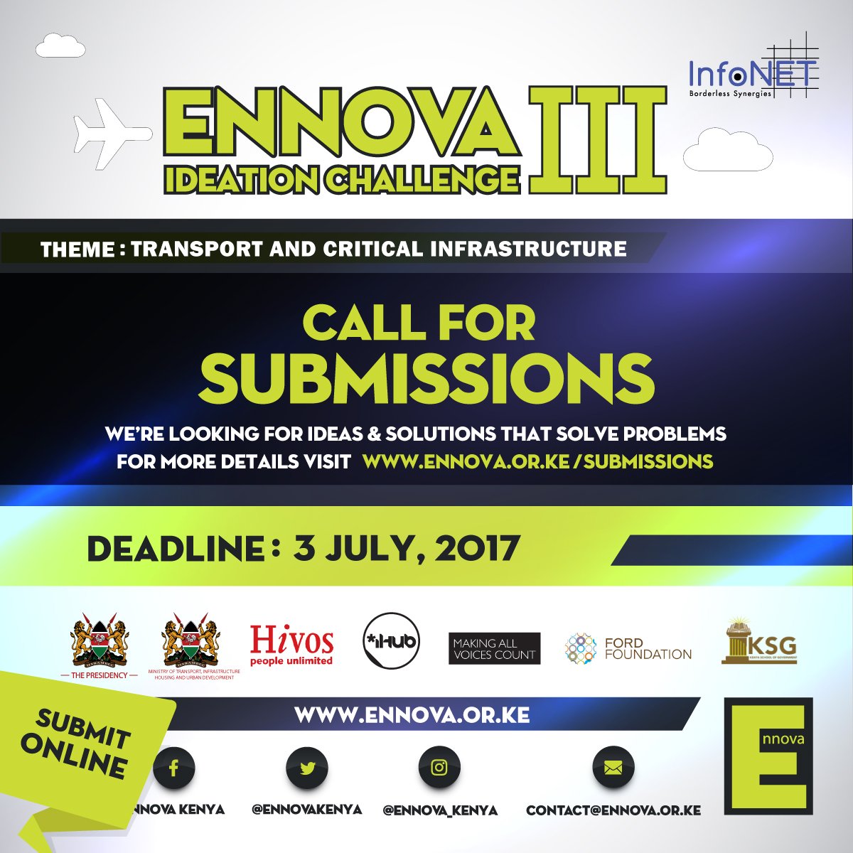 ennovakenya's tweet photo. 15hrs 12Mins14Secs to Deadline for Submissions! #EnnovaIIChallenge on #Transport @DiscoverJKUAT @kenya_transport @Ma3Route Don't miss!! https://t.co/9U6FDQrY7I