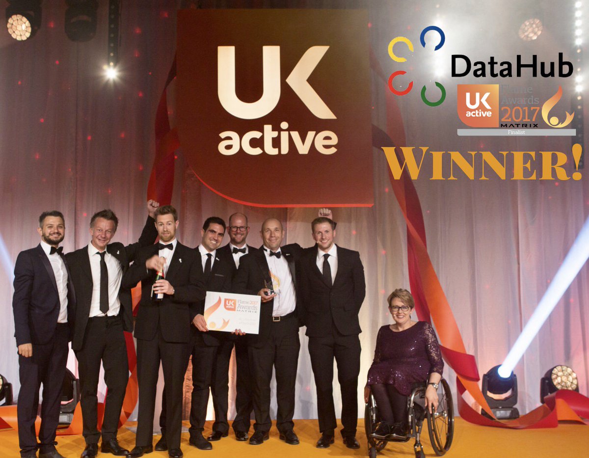 DataHubClub's tweet photo. We're gonna need a bigger shelf! What a night - and how dashing we look! Here we are winning the Spark of Innovation award win at #Flame2017 https://t.co/F2m6H7xnPK