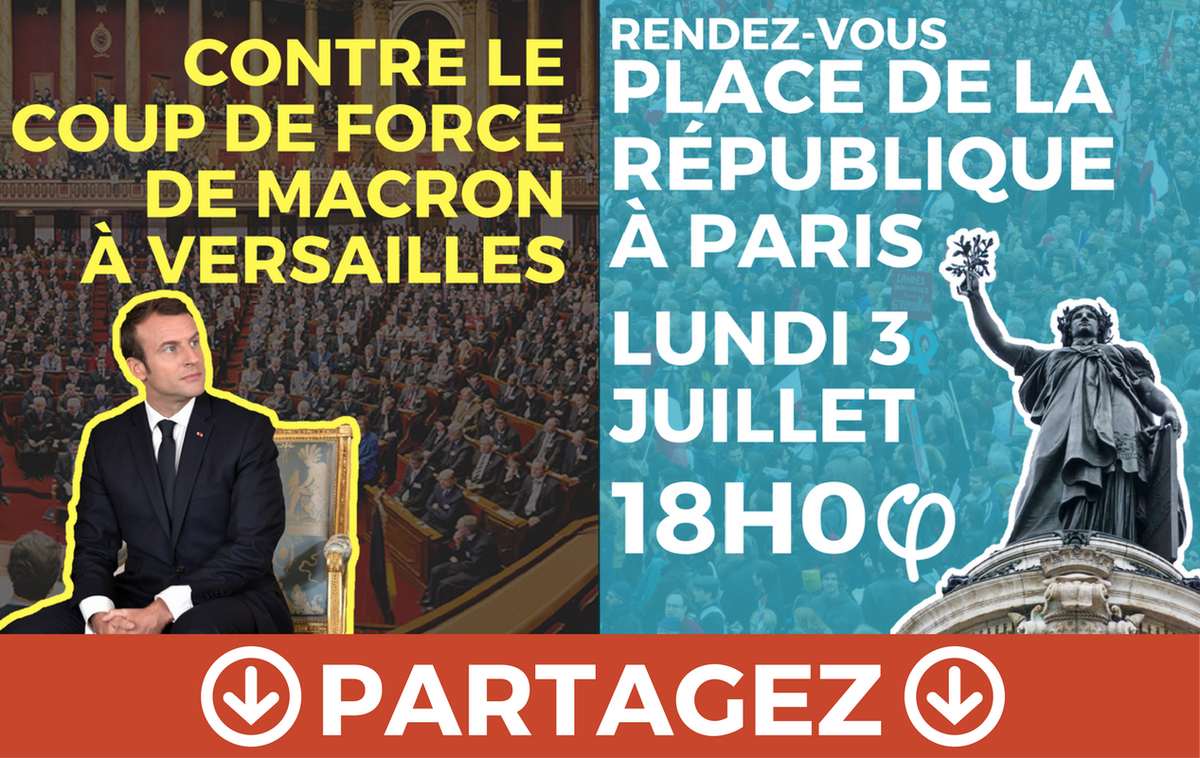 JLMelenchon's tweet photo. Contre le coup de force de #Macron au #CongresVersailles, retrouvons-nous à 18h00 place de la #République à #Paris. Faites passer. https://t.co/rcj8KZXv3T