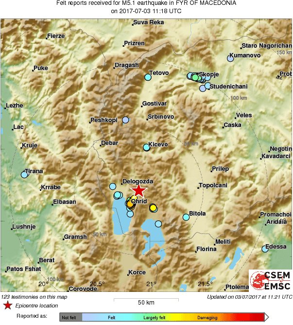 M5.1 #earthquake strikes 99 km SW of #Skopje (FYR of Macedonia) 3 min ago. Effects reported by witnesses: