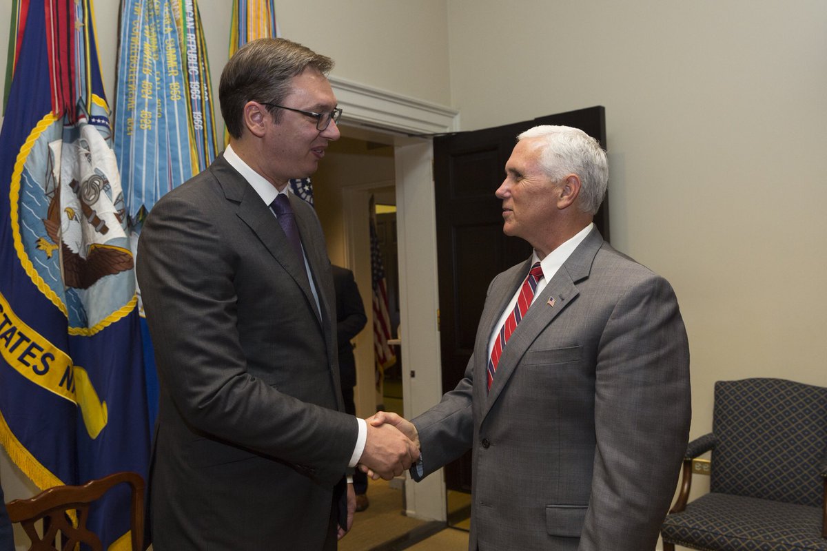 Hasil gambar untuk Vice President Pence participates in a bilateral meeting with President Aleksandar Vucic of Serbia