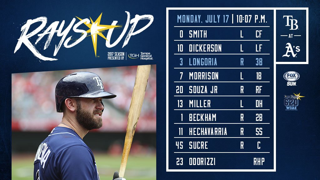 RaysBaseball's tweet photo. Here's how we'll line up in Oakland.

#StaysUp https://t.co/v1LfV21fsd