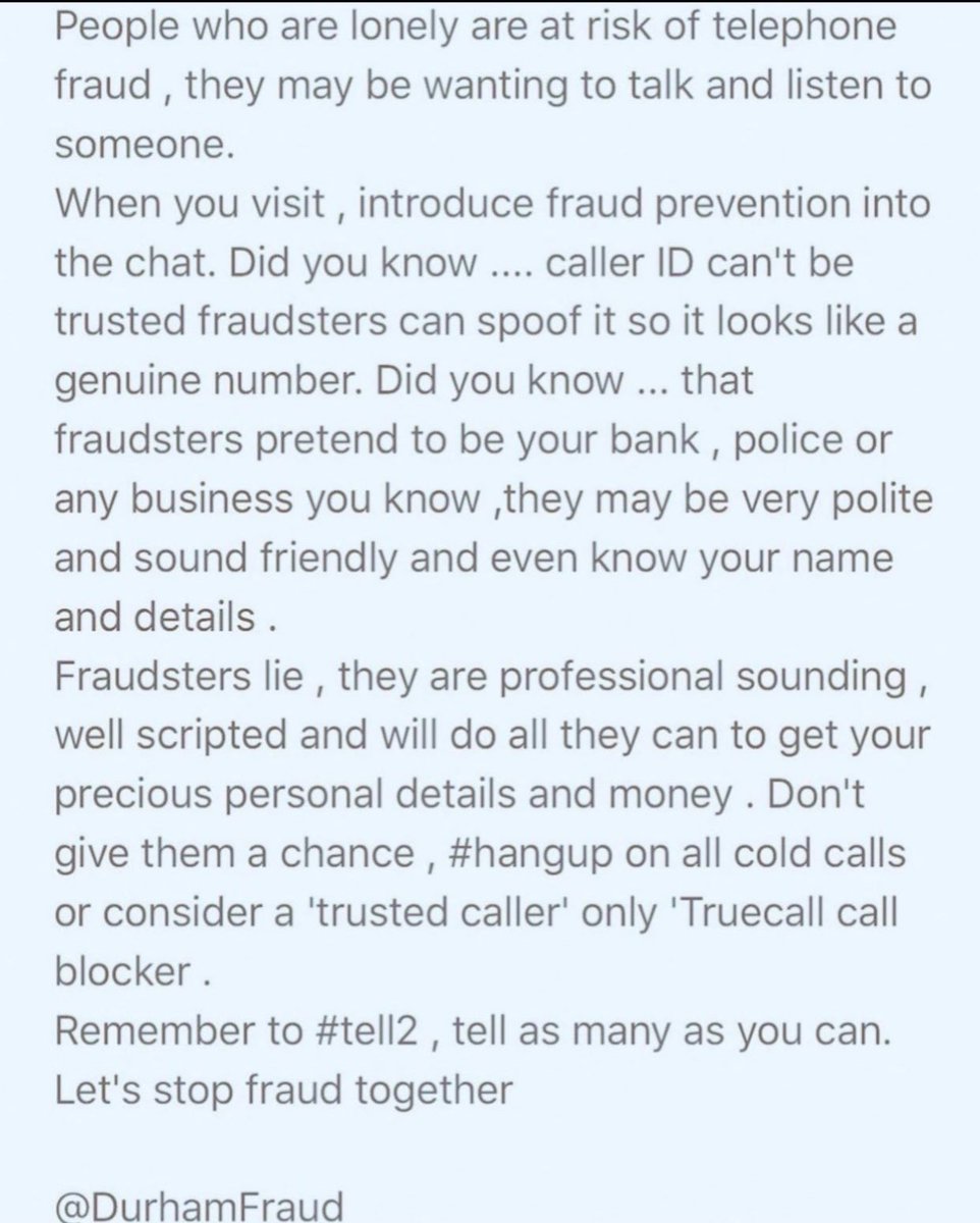 Tell2OverABrew's tweet photo. #Tell2 ,we all have people in our lives who are #vulnerable,elderly or lonely
Plz Read & RT this & encourage real contact #telephonefraud❗️ https://t.co/LzBhikM8Km